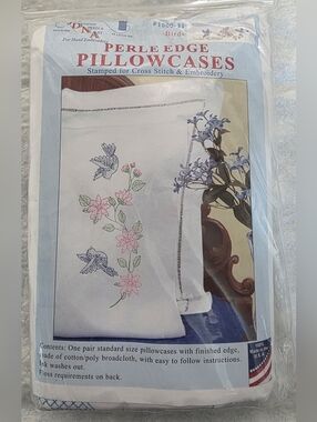 Floral Birds Pillowcases Stamped For Embroidery & Cross Stitch With Floss